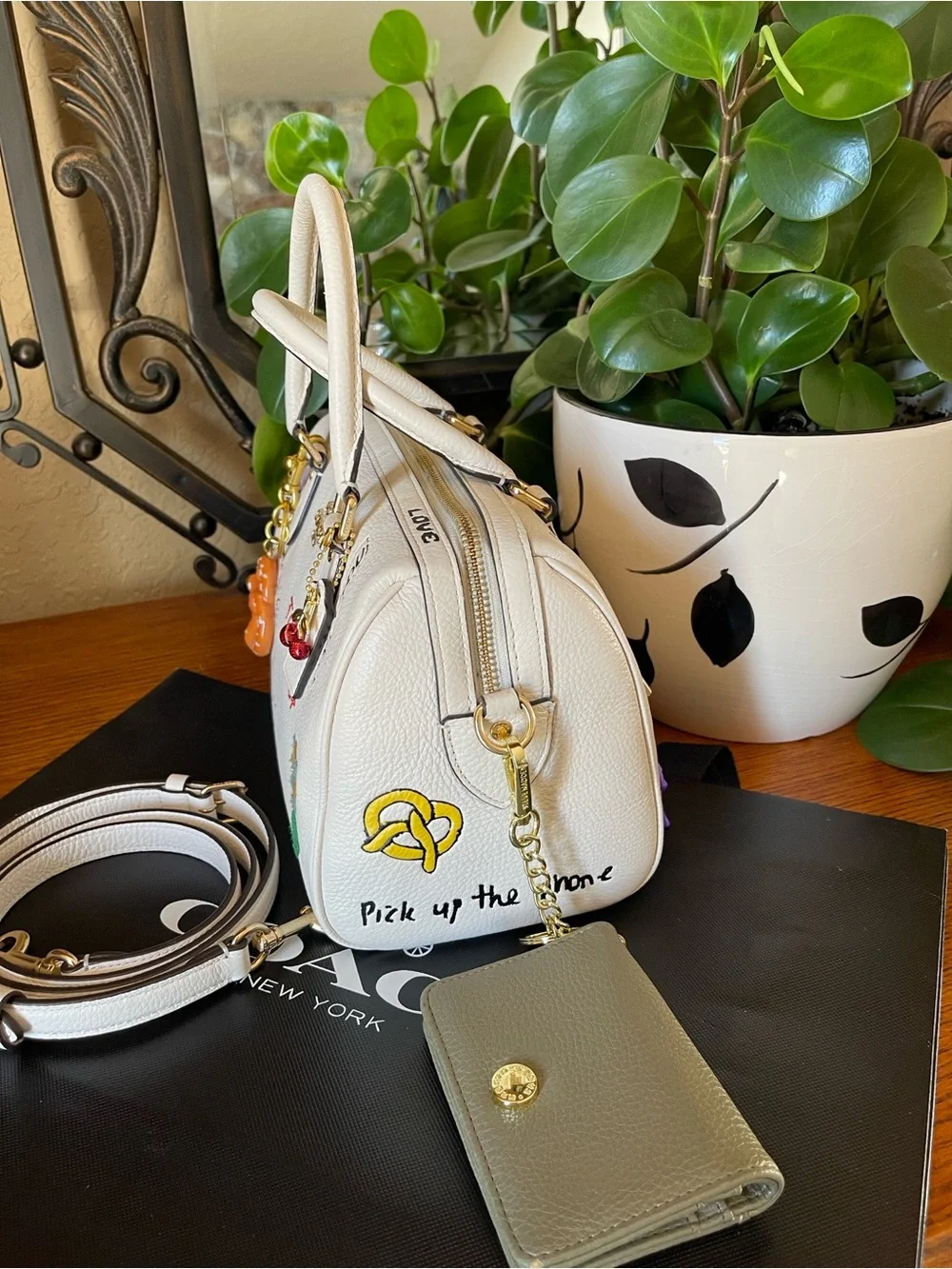 Coach Rowan Satchel Bag in Sketch Print with Charms & Cardholder